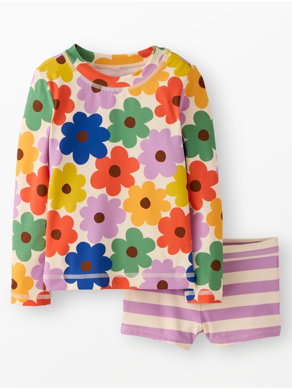 Hanna Anderson Rashguard Top & Shorts Set in Multicolored Spring Daisies on Ecru